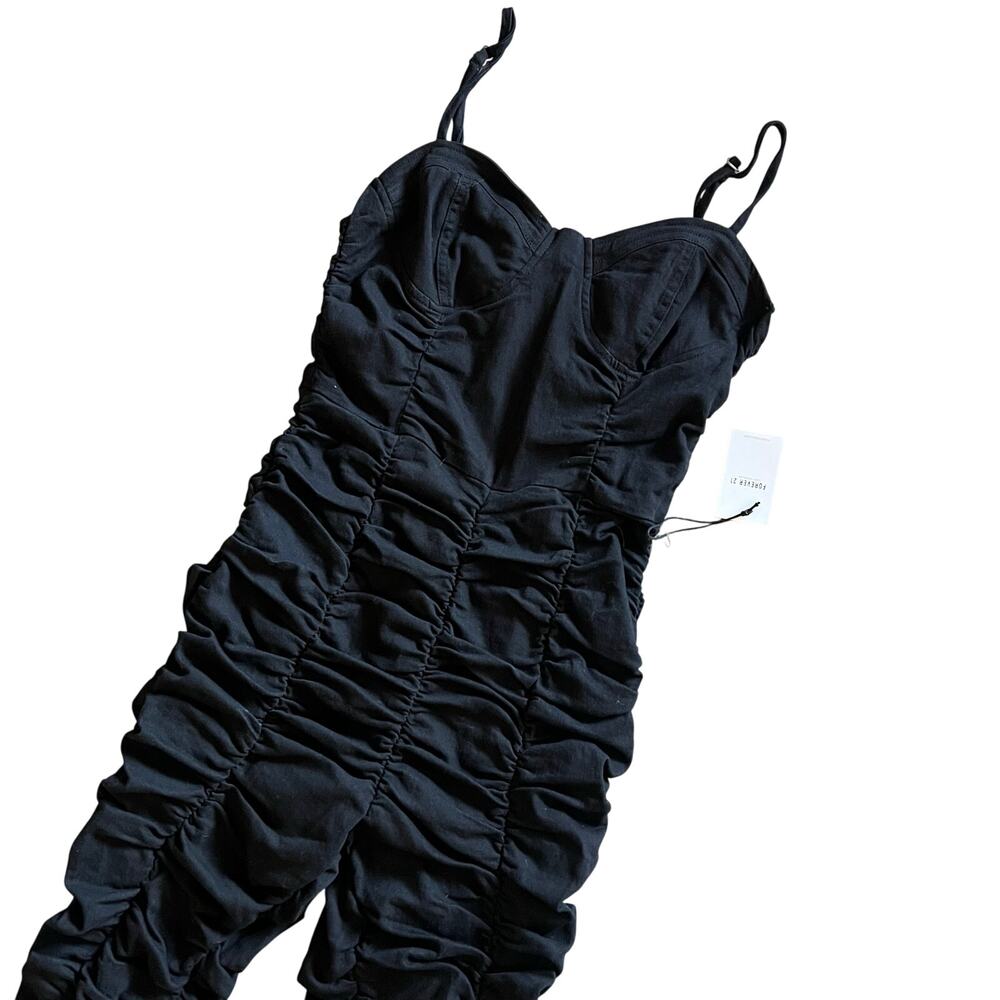 Forever 21 Ruched Jumpsuit Small Black Bustier Sweetheart Ankle Woven Cotton New - Picture 1 of 10